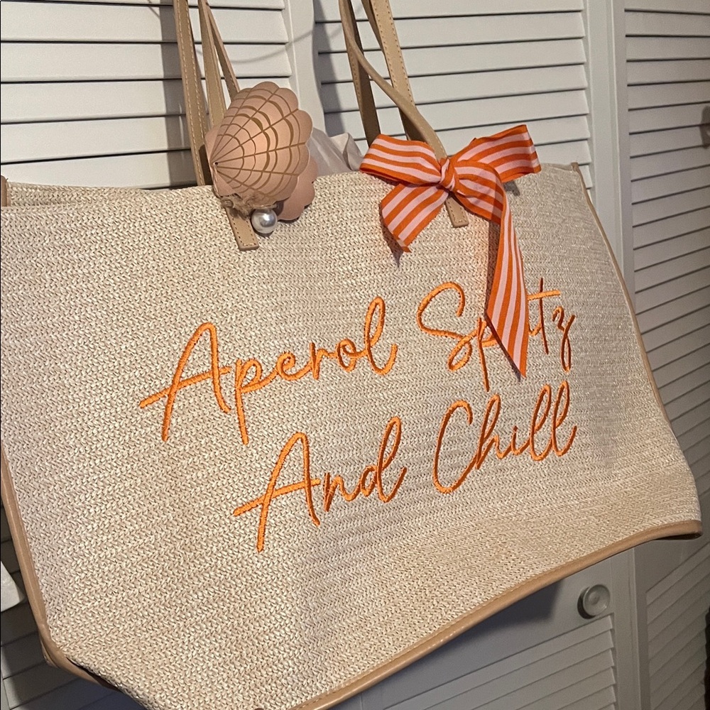 Beige Tote Bag with Orange Embroidery great for travel beach gym. - Picture 2 of 2